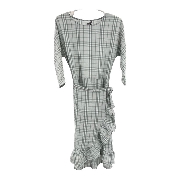 Chelsea28 Dresses & Skirts - Chelsea 28 plaid midi white gray faux wrap dress S ruffle neutral office party